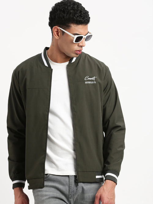 Men Mandarin Collar Olive Solid Bomber Jacket-AR-7013-Olive