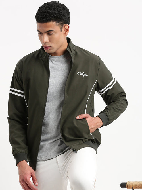 Men Mock Collar Olive Solid Bomber Jacket-AR-A7014-Olive