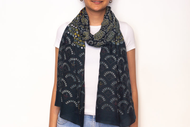 Ajrakh Hand Block Printed And Hand Embroidered Scarf Fern