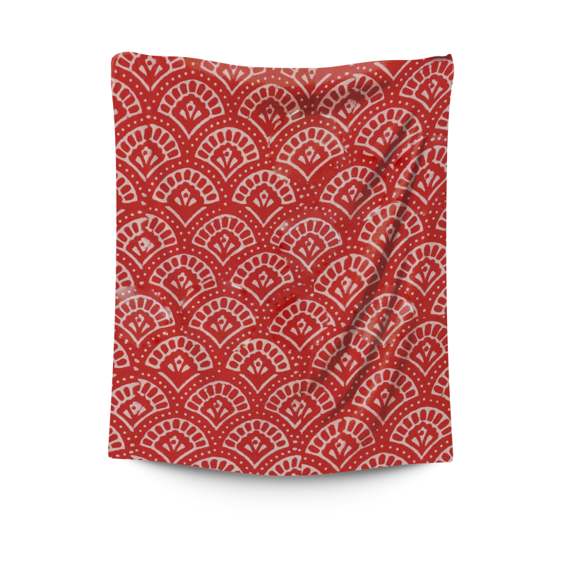 Handblock Printed White Abstract Design On Red Base
