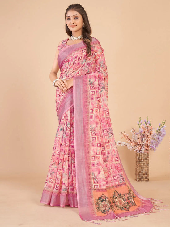 Saree Mall Women's Linen Blend Pink Printed Designer Saree With Blouse Piece-ARDHN2303