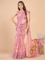 Saree Mall Women's Linen Blend Pink Printed Designer Saree With Blouse Piece-ARDHN2303