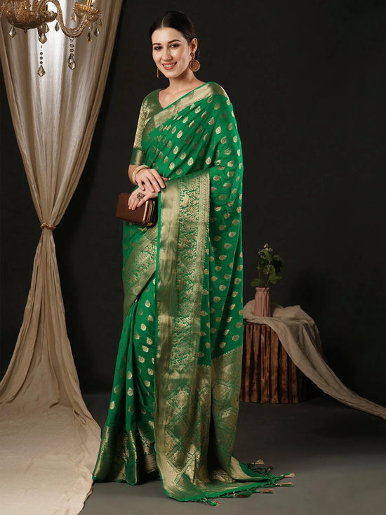 Saree Mall Women's Georgette Teal Green Woven Design Designer Saree With Blouse Piece-ARIES02E