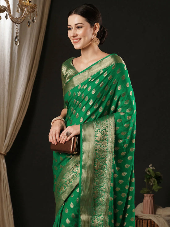 Saree Mall Women's Georgette Teal Green Woven Design Designer Saree With Blouse Piece-ARIES02E