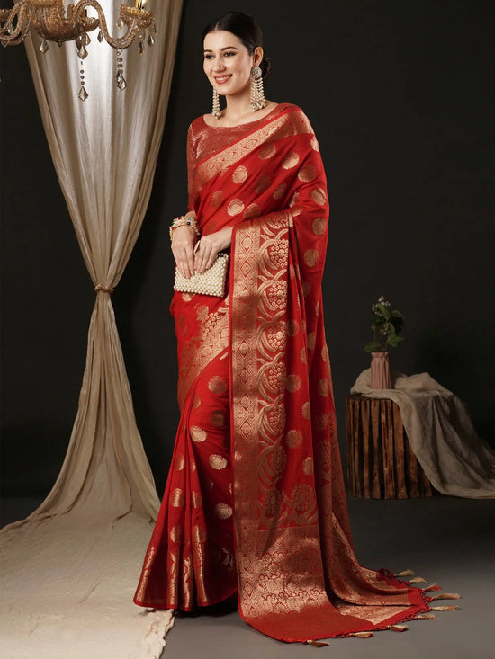 Saree Mall Women's Georgette Red Woven Design Designer Saree With Blouse Piece-ARIES06D