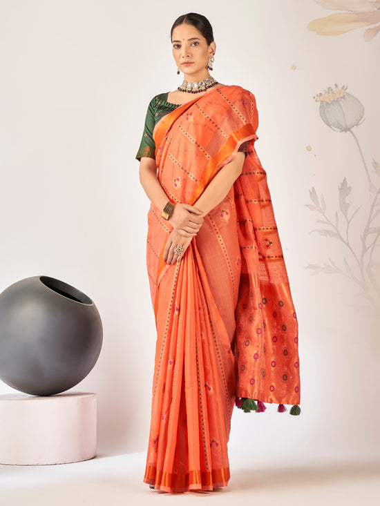 Saree Mall Women's Cotton Blend Orange Woven Design Designer Saree With Blouse Piece-ARIKA82001