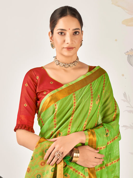 Saree Mall Women's Cotton Blend Light Green Woven Design Designer Saree With Blouse Piece-ARIKA82002