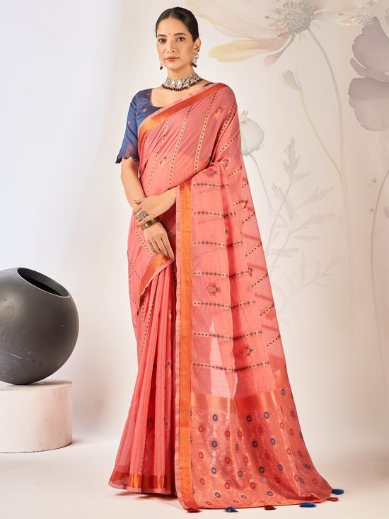 Saree Mall Women's Cotton Blend Rose Gold Woven Design Designer Saree With Blouse Piece-ARIKA82004