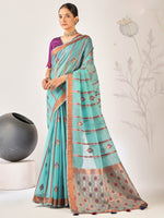 Saree Mall Women's Cotton Blend Light Blue Woven Design Designer Saree With Blouse Piece-ARIKA82005