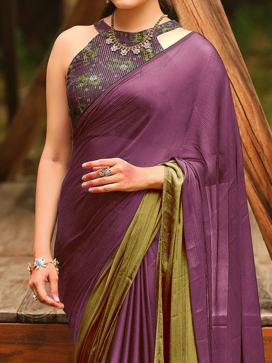 Saree Mall Women's Chiffon Purple Embellished Celebrity Saree With Blouse Piece-ARUNA12