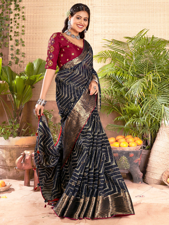 Saree Mall Women's Cotton  Navy Blue Woven Design Designer Saree With Blouse Piece-ARUNA4655