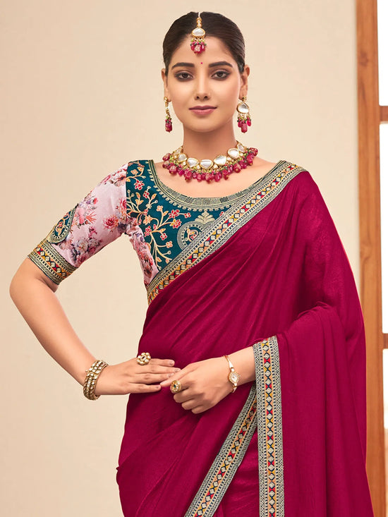 Saree Mall Women's Vichitra  Pink Embellished Designer Saree With Blouse Piece-ARUSHI81917