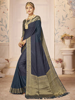 Saree Mall Women's Nylon Navy Blue Woven Design Designer Saree With Blouse Piece-ARYA2102