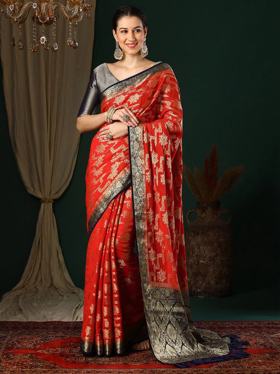 Saree Mall Women's Georgette Red Woven Design Designer Saree With Blouse Piece-ARYA2603