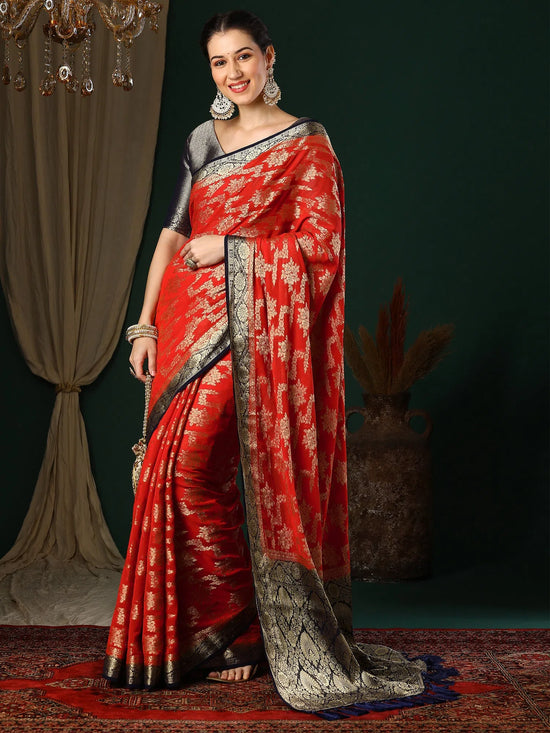 Saree Mall Women's Georgette Red Woven Design Designer Saree With Blouse Piece-ARYA2603