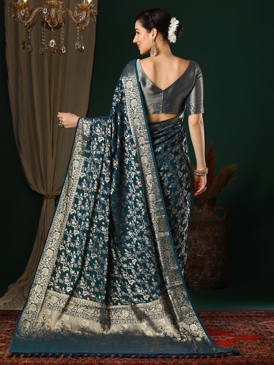 Saree Mall Women's Georgette Teal Blue Woven Design Designer Saree With Blouse Piece-ARYA2805