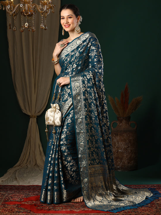 Saree Mall Women's Georgette Teal Blue Woven Design Designer Saree With Blouse Piece-ARYA2805