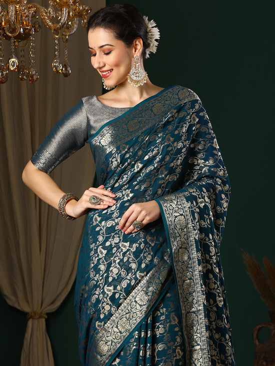 Saree Mall Women's Georgette Teal Blue Woven Design Designer Saree With Blouse Piece-ARYA2805