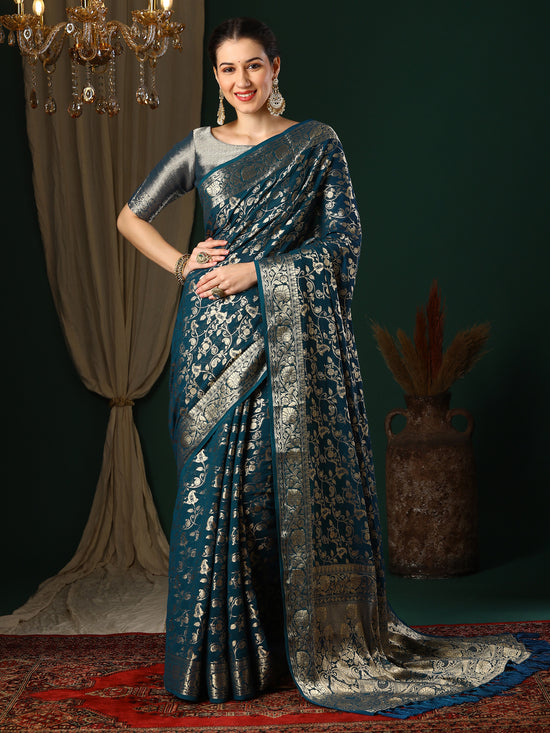 Saree Mall Women's Georgette Teal Blue Woven Design Designer Saree With Blouse Piece-ARYA2805