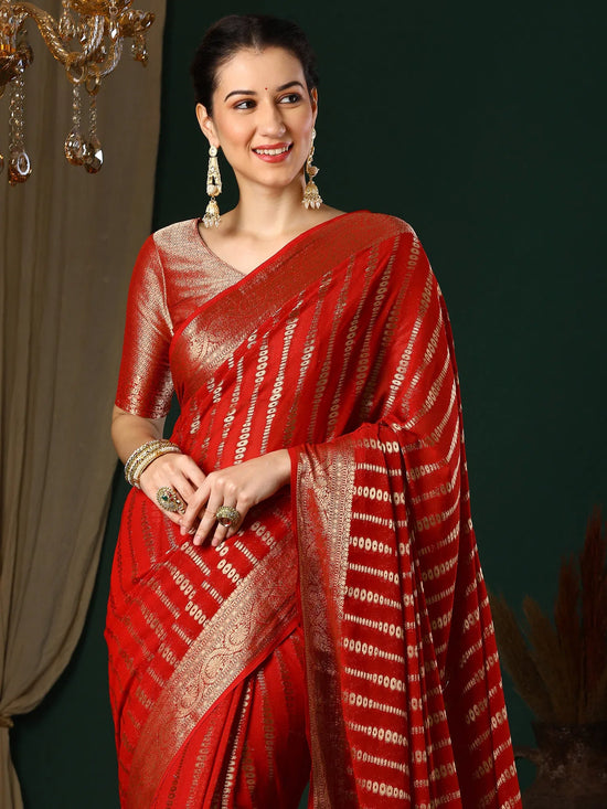 Saree Mall Women's Georgette Red Woven Design Designer Saree With Blouse Piece-ARYA2903