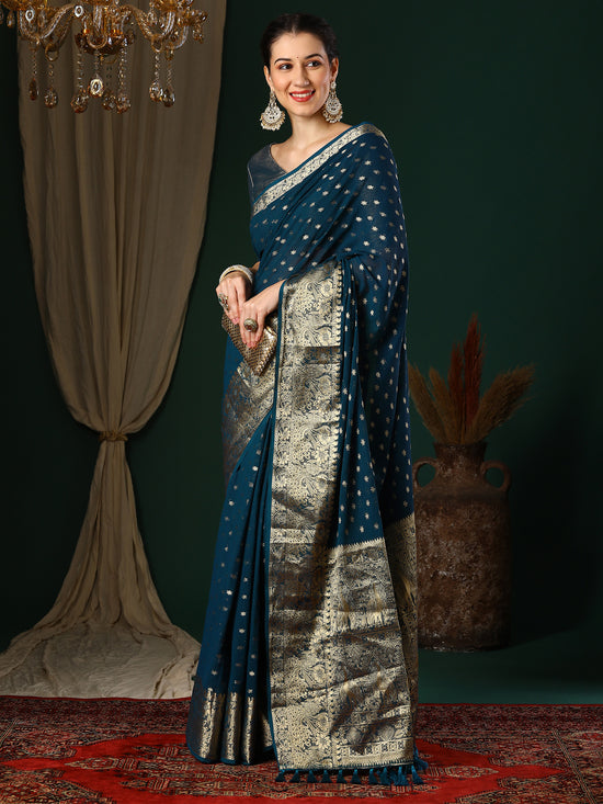 Saree Mall Women's Georgette Teal Blue Woven Design Designer Saree With Blouse Piece-ARYA3102