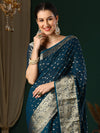 Saree Mall Women's Georgette Teal Blue Woven Design Designer Saree With Blouse Piece-ARYA3102