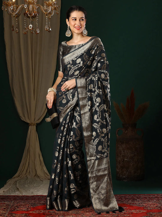 Saree Mall Women's Georgette Black Woven Design Designer Saree With Blouse Piece-ARYA3202