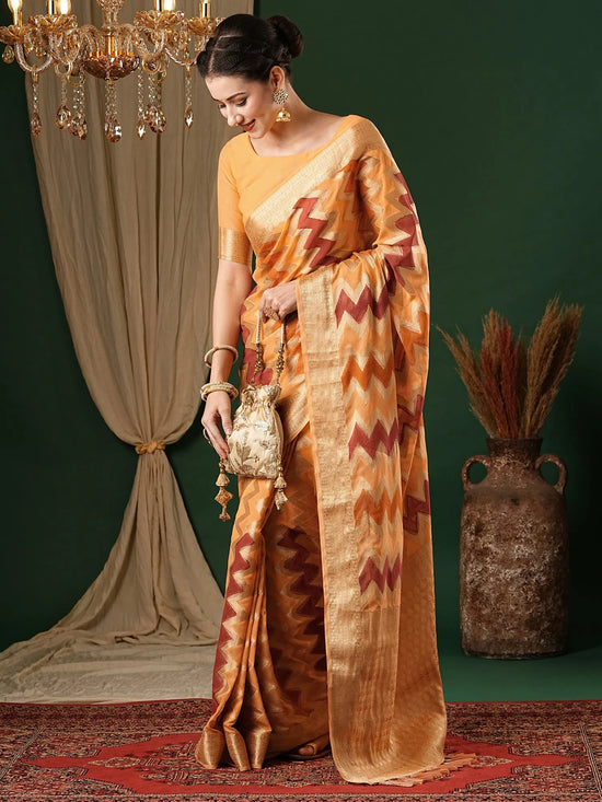 Saree Mall Women's Georgette Peach Woven Design Designer Saree With Blouse Piece-ARYA3302