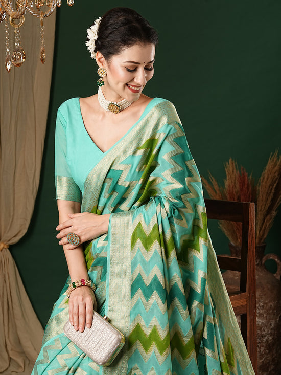 Saree Mall Women's Georgette Turquoise Woven Design Designer Saree With Blouse Piece-ARYA3303