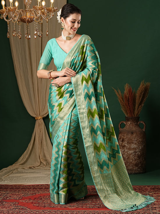 Saree Mall Women's Georgette Turquoise Woven Design Designer Saree With Blouse Piece-ARYA3303