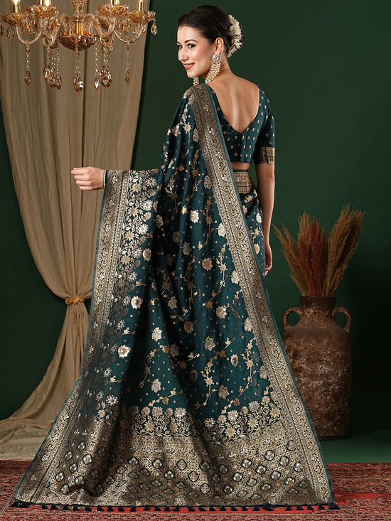 Saree Mall Women's Georgette Teal Blue Woven Design Designer Saree With Blouse Piece-ARYA3601