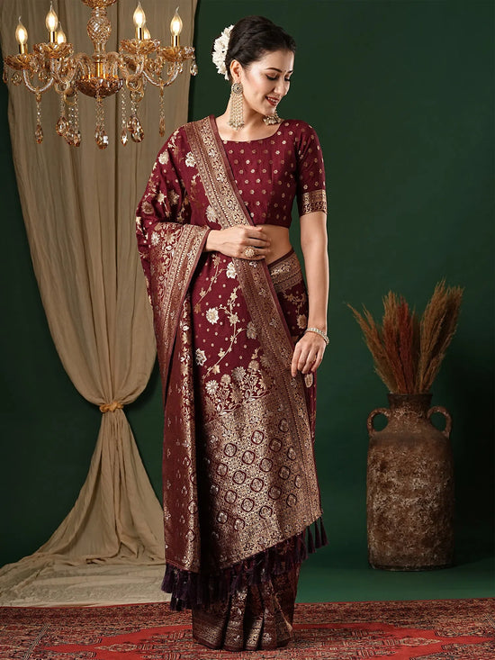 Saree Mall Women's Georgette Maroon Woven Design Designer Saree With Blouse Piece-ARYA3604