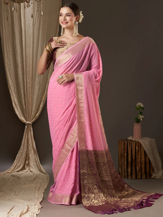 Saree Mall Women's Georgette Pink Woven Design Designer Saree With Blouse Piece-ARYA6004