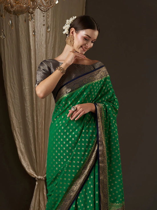 Saree Mall Women's Georgette Green Woven Design Designer Saree With Blouse Piece-ARYA9002