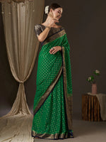 Saree Mall Women's Georgette Green Woven Design Designer Saree With Blouse Piece-ARYA9002