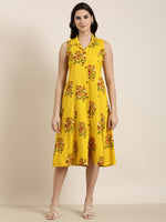 Women A-Line Floral Dress-AT-A1207-PC-Mustard