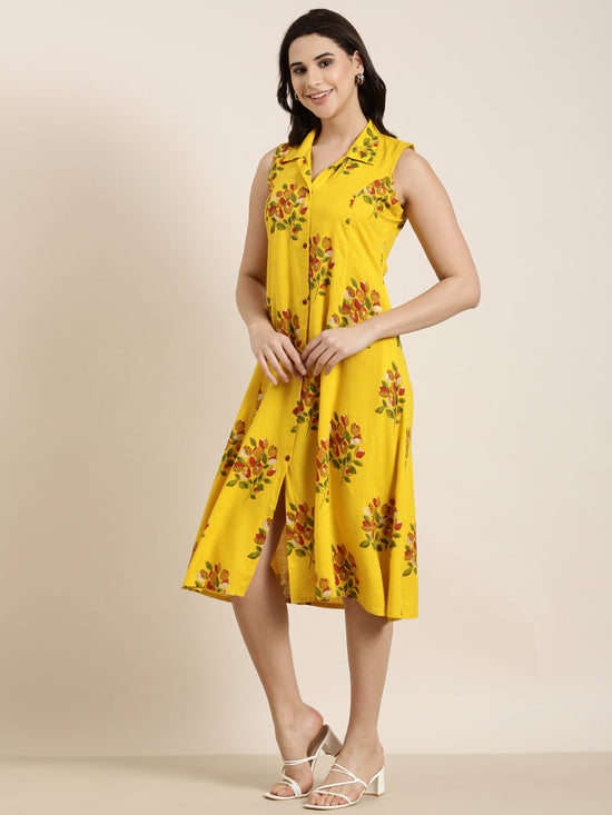 Women A-Line Floral Dress-AT-A1207-PC-Mustard