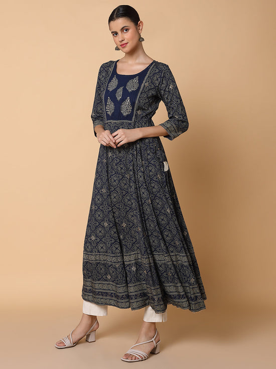 Women Floral Navy Blue Anarkali Kurta-AT-A1429-LG-Navyblue