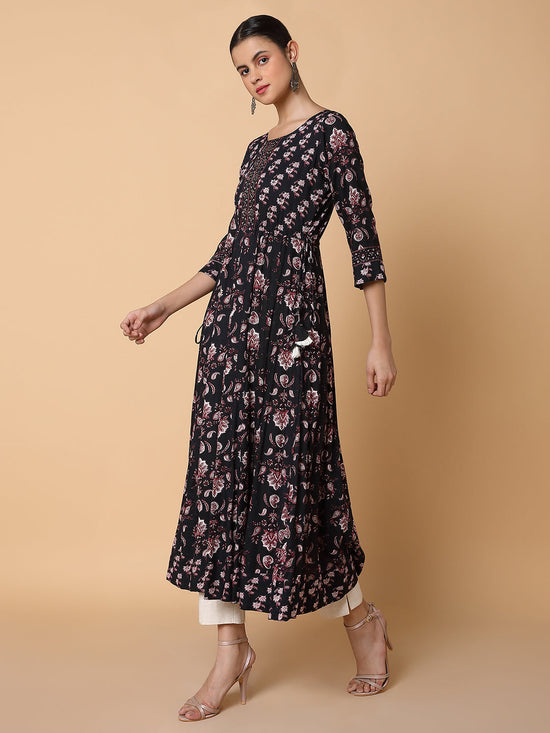 Women Floral Sequins Black Anarkali Kurta-AT-A1454-LG-Black