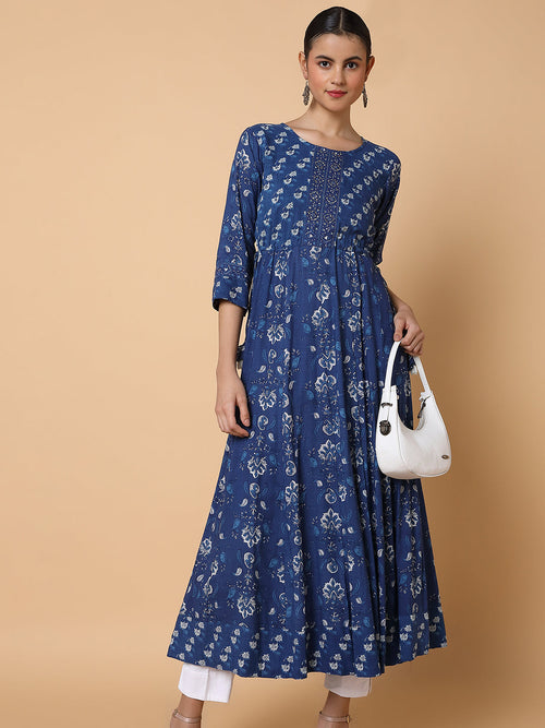 Women Floral Sequins Blue Anarkali Kurta-AT-A1454-LG-Blue