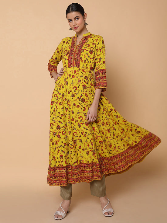 Women Floral Mustard Anarkali Kurta-AT-A1488-LG-Mustard