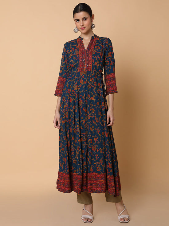 Women Floral Teal Anarkali Kurta-AT-A1488-LG-Teal