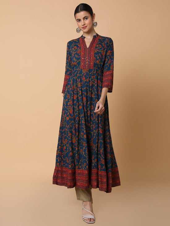 Women Floral Teal Anarkali Kurta-AT-A1488-LG-Teal