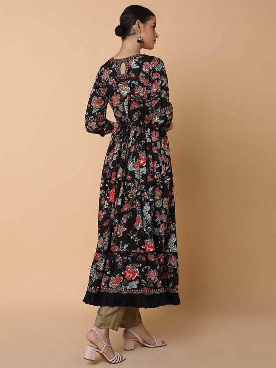 Women Floral Black Anarkali Kurta-AT-A1501-LG-Black