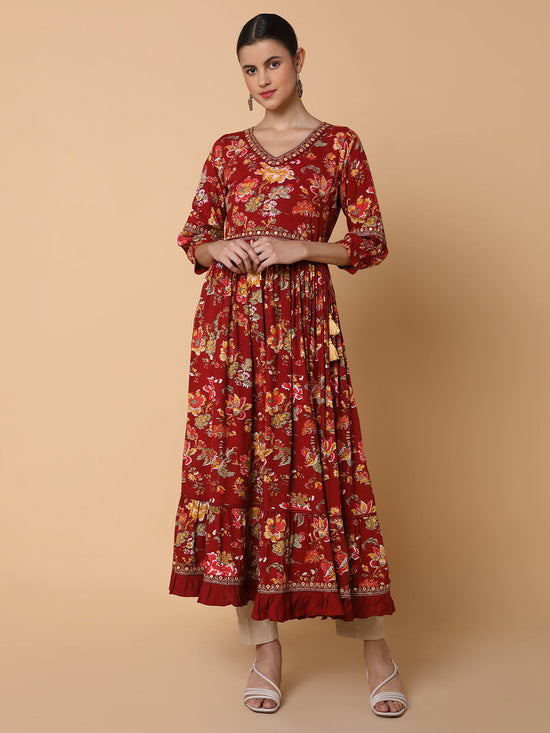 Women Floral Maroon Anarkali Kurta-AT-A1501-LG-Maroon