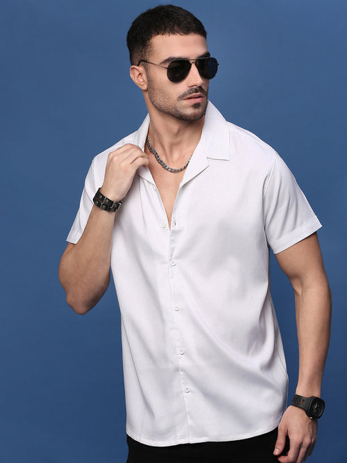 Men White Solid Cuban Collar Shirt-AU-4000-White