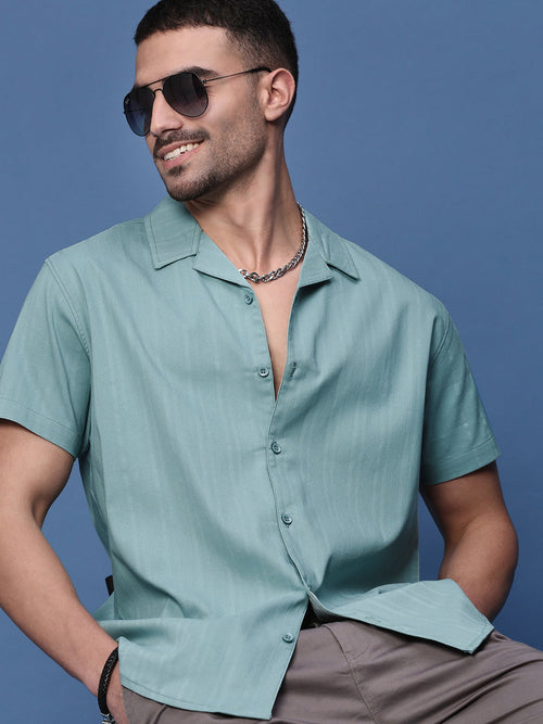 Men Turquoise Blue Solid Cuban Collar Shirt-AU-4001-Turquoiseblue