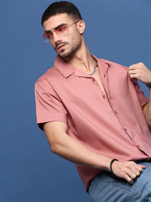 Men Peach Solid Cuban Collar Shirt-AU-4003-Peach