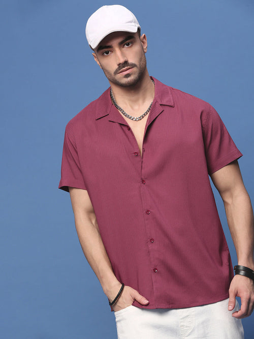 Men Burgundy Cuban Collar Shirt-AU-4004-Burgundy