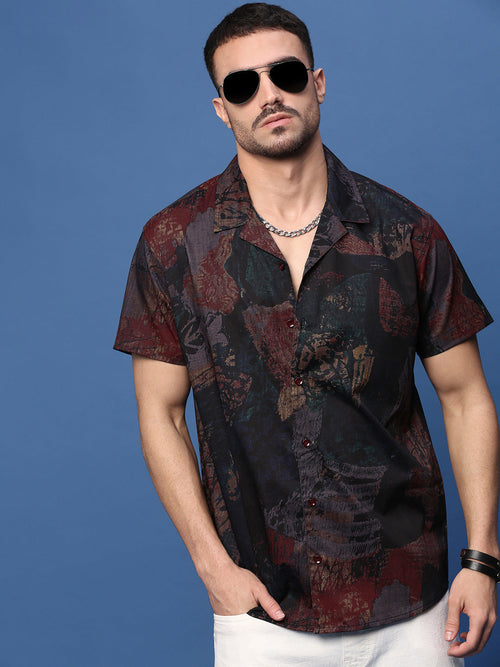 Men Brown Abstract Cuban Collar Shirt-AU-4006-Brown